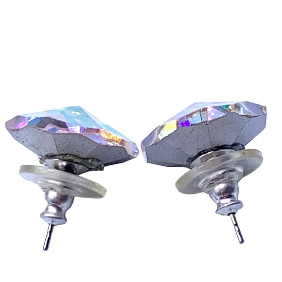 Faceted Aurora Borealis Crystal Stud Earrings 16 mm Silver-Tone Backing Wedding - Picture 4 of 7